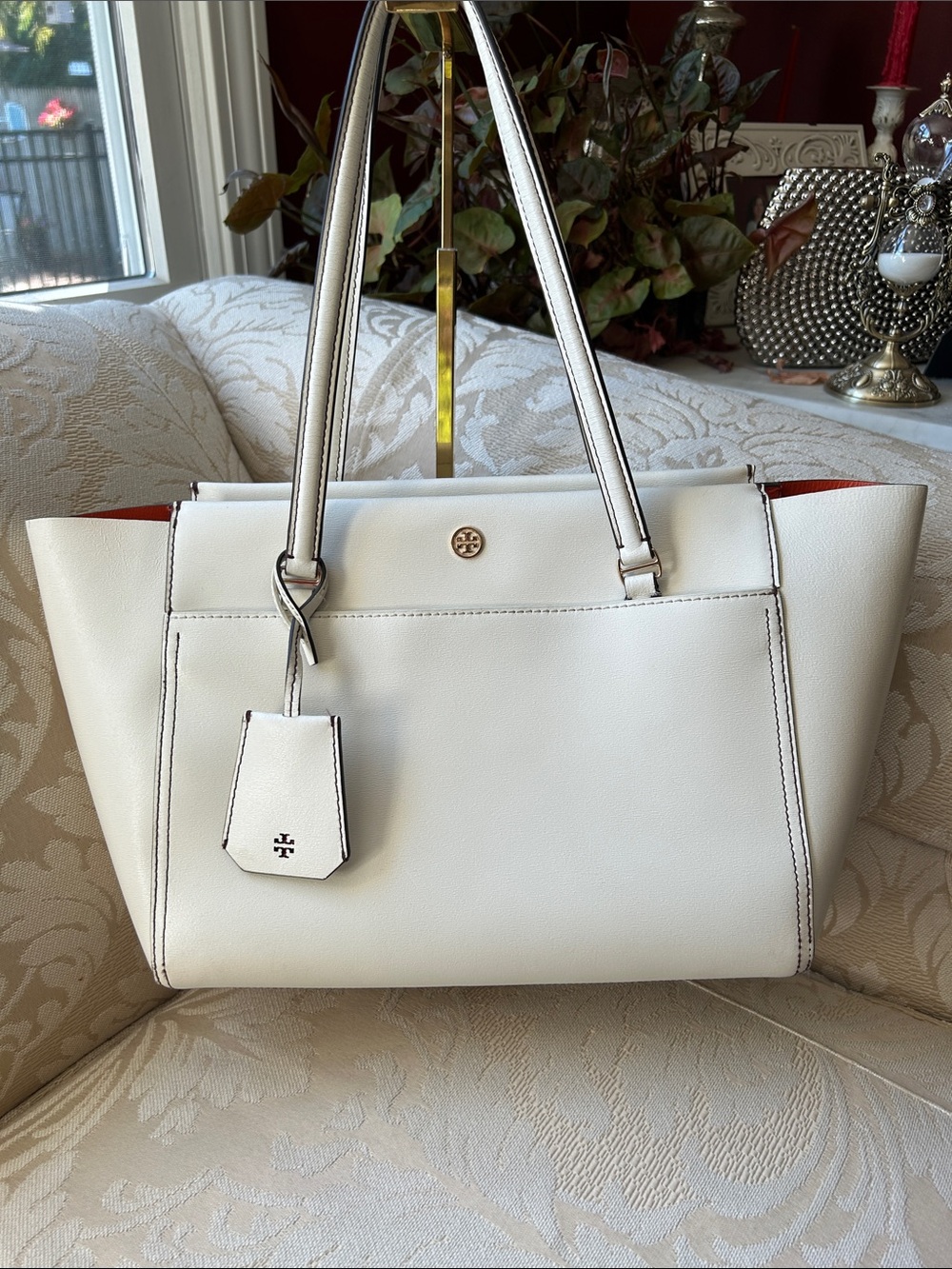 Tory Burch Robinson Cream Leather Double-Handle Tote with Gold Accents - Picture 2 of 14